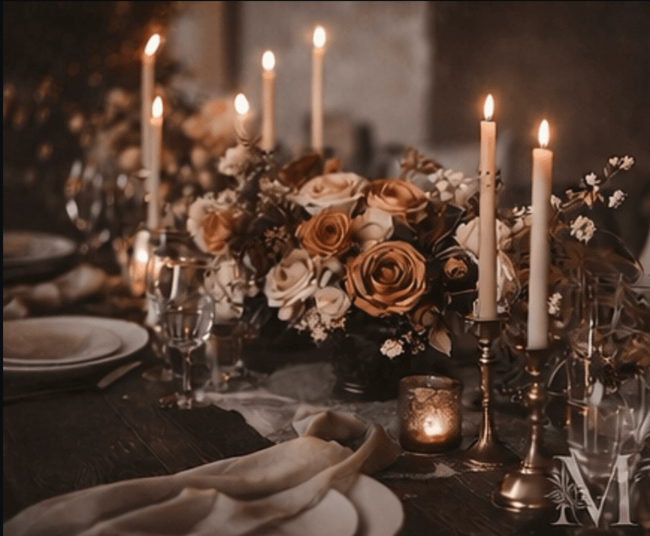 A long dinner table with low florals and tapered candles.